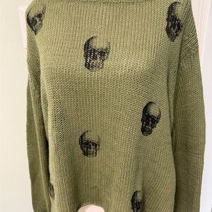 Wooden Ships Olive Green Crewneck Sweater with Black Skull Motifs M/L